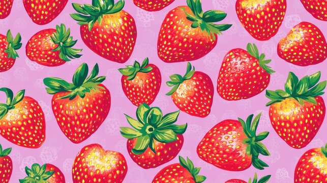 Seamless pattern of vibrant red strawberries on a pink background.