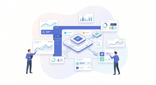 Smart Financial Analytics Ecosystem Flat Illustration &ndash; Fintech SaaS Platform and Investment Workflow Concept