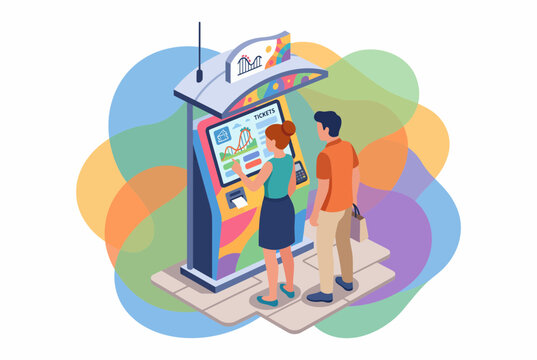 Couple using modern self service ticket kiosk at amusement park
