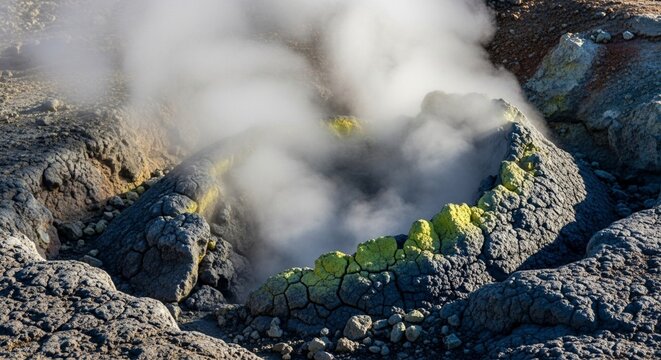 Photorealistic view of a dramatic volcanic steam vent amidst rugged terrain with vibrant sulfur deposits