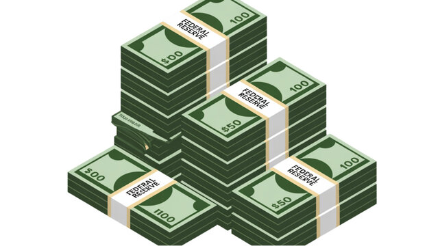 Stack of colorful dollar banknotes and coins in 3d perspective Vector