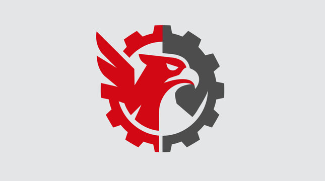 Red eagle logo with gear background.