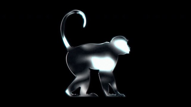 Silver metallic monkey silhouette. Alpha channel. Seamless loop video