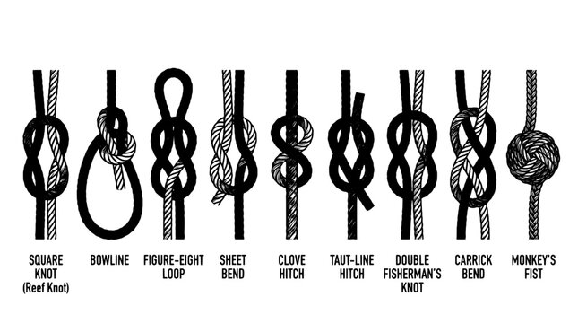 Knife knot vector diagrams set showing reef knot, bowline, clove hitch, ta ut-line hitch, and other rope binding knots