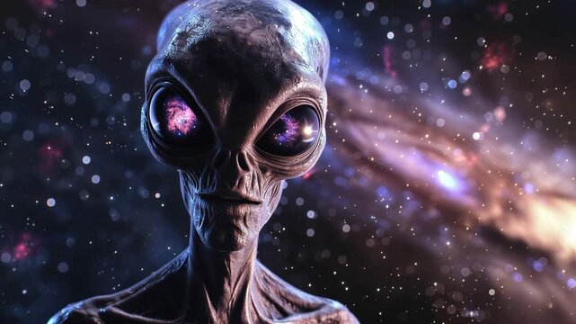 Alien figure in outer space looks at distant galaxy and stars while surrounded by cosmic elements