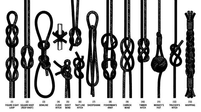 Knots rope pattern icons set with loop, hitch, bend, and nautical styles on white background featuring sailing, macram&eacute;, braided texture with cordage