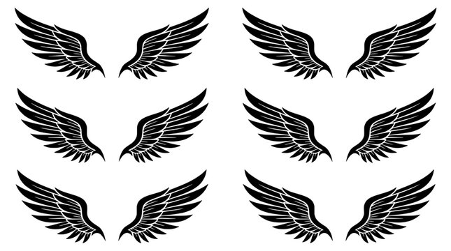Wings icon set with bold black feathered outlines, symmetrical layout for tattoo, logo and apparel design