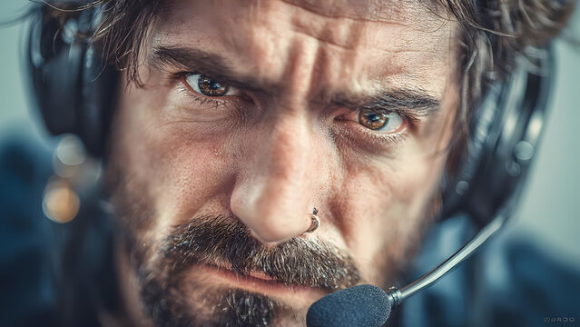 Extreme close up portrait of an intense stressed man wearing a headset with microphone
