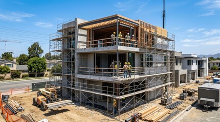 Fototapeta premium Contemporary Multi-Level Modern House Under Construction with Structural Framework and Urban Residential Design