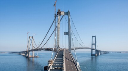 Fototapeta premium Massive Cable-Stayed Suspension Bridge Under Construction Over Calm Water