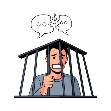 Illustration of a man trapped in a cage with broken speech bubbles