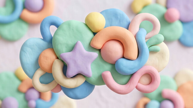 A playful 3D abstract arrangement of soft clay-like shapes, including stars, spheres, and curved tubes in a vibrant pastel palette of mint, peach, lavender, and blue.