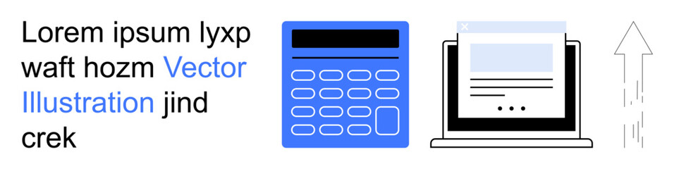 Fototapeta premium Productivity, data management, technology, office work, business tools, efficiency. Visual of a calculator, laptop with a document and an upward arrow. Productivity and data management concept