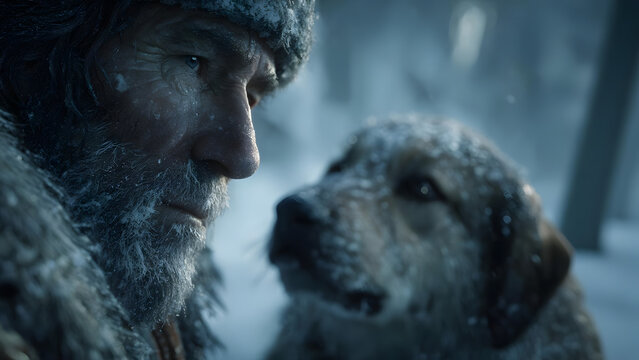 Close up portrait of an old bearded hunter with his loyal dog in a winter snowstorm