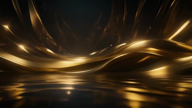 Elegant golden 3d curves moving in dark space with glowing edges and luxury abstract wave architecture.