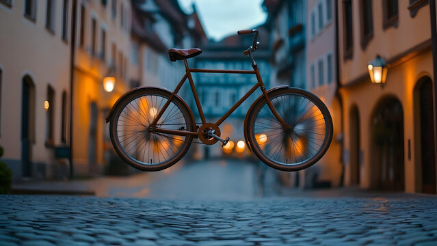 Surreal concept of a vintage bicycle levitating in the air over a cobblestone city street
