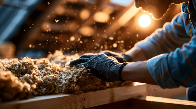 Close up of gloved hands carefully pressing a thick slab of mineral wool insulation between two wooden beam sections in a bright sunlit attic space individual fibres of the