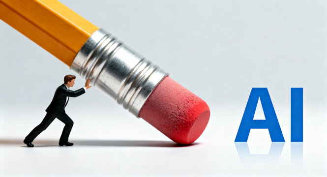 Conceptual digital illustration of a businessman erasing the word AI with a large pencil eraser, symbolizing change and innovation