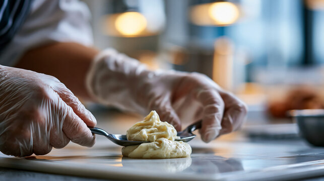 Close up of hands in clean kitchen gloves shaping a small precise quenelle of mousse using two tablespoons on a bright preparation surface the mousse's surface smooth and