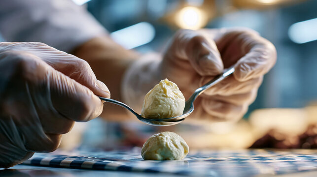Close up of hands in clean kitchen gloves shaping a small precise quenelle of mousse using two tablespoons on a bright preparation surface the mousse's surface smooth and