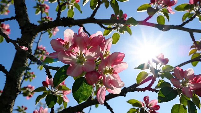 Closeup of pink apple blossoms on a tree branch against a bright blue sky with the sun shining through.