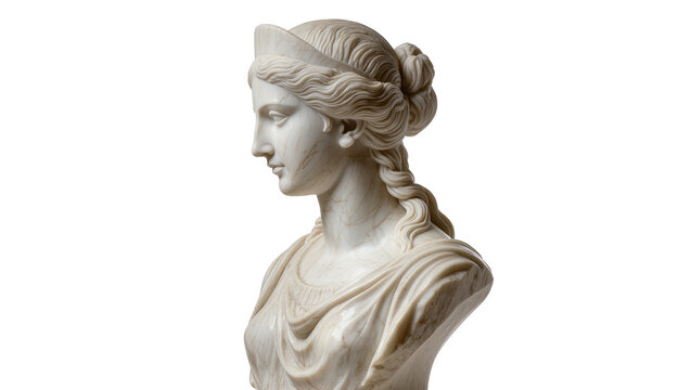 Classical marble bust of a woman with braided hair, isolated on transparent background
