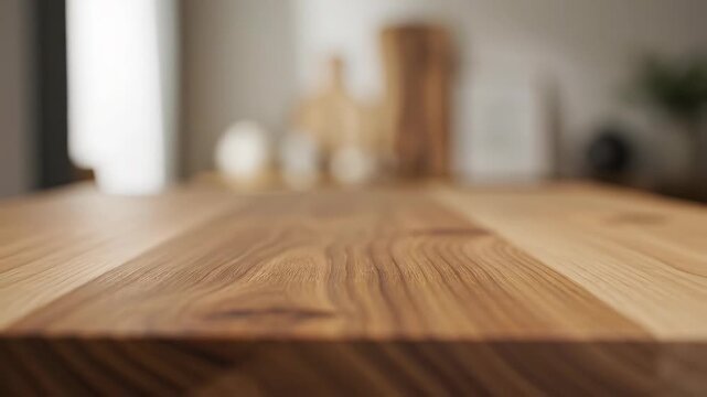 Close-up view of a polished wooden countertop with a blurred background
