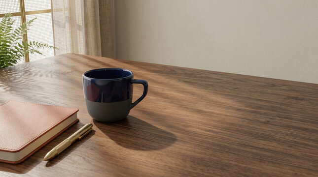 Clean minimalist wooden desk layout presenting a navy blue and grey mug, a tan leather journal, a gold pen, and a soft green fern plant bathed in morning window light.