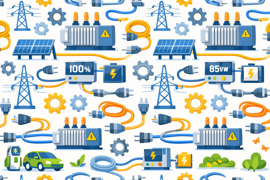 Seamless vector pattern featuring renewable energy icons like solar panels, electric cars, power lines, battery chargers, and electrical transformers.