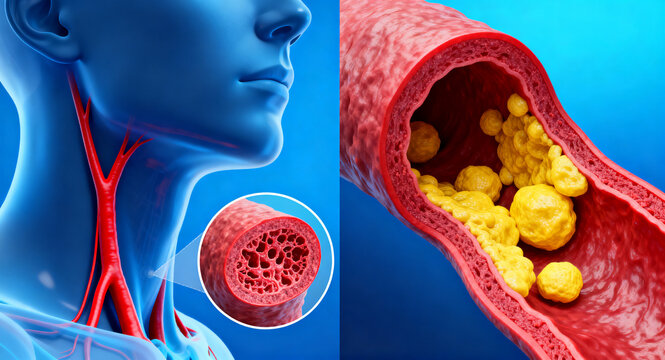 Digital medical illustration contrasting healthy human arteries with a blood vessel severely impacted by atherosclerotic plaque, visualizing the critical health risks of cardiovascular disease