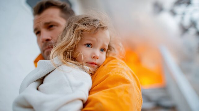 A worried parent cradles their child tenderly as they navigate through a stressful situation, highlighting a bond and protective instincts in the face of adversity.