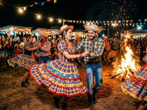 Happy couple dancing quadrilha at Festa Junina festival, traditional Brazilian folk celebration with bonfire and colorful flags for cultural events