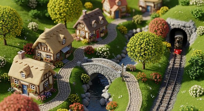 Miniature village landscape featuring charming thatched cottages near a stone bridge and a steam train emerging from a dark tunnel in a lush green countryside