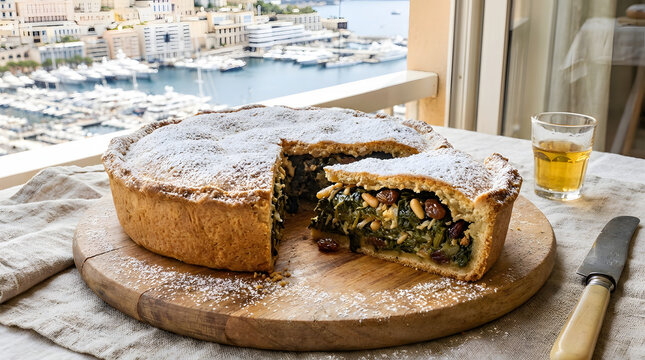 Rustic slice of sweet Tourte de Blettes, a unique Monaco Swiss chard pie, with a harbor background