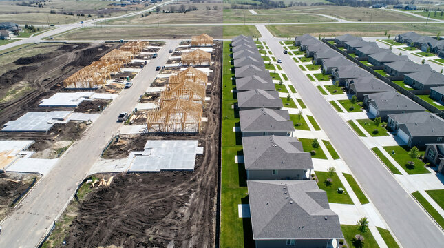 Aerial Split Image of Housing Development from Construction to Completion