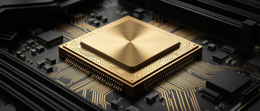 Close-up image of a gold-colored microchip mounted on a black circuit board with intricate electronic pathways.