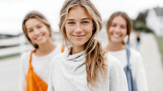 A joyful moment captured as three young women stand together outdoors, smiling brightly, showcasing friendship and the spirit of companionship in a lively setting.
