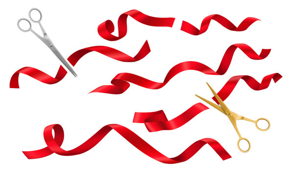 Grand opening ceremony scissors and red ribbons. Realistic 3d vector gold and silver scissors cutting silk curled tapes. Traditional ritual before launching new business campaign or inauguration event