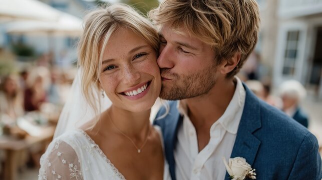 A joyful couple celebrates their wedding day with smiles and affection, framed by a soft background of friends and a beautifully decorated outdoor venue.