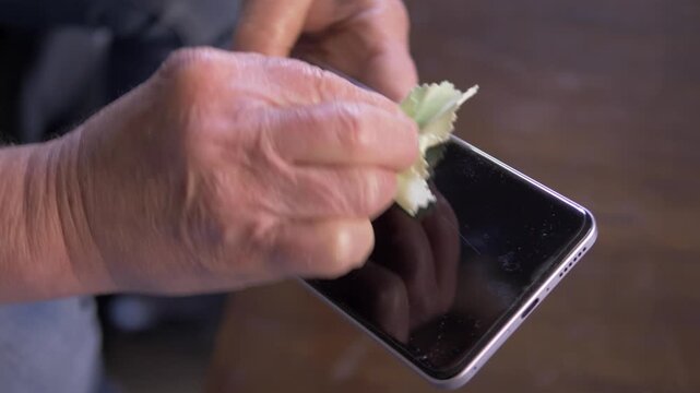 Woman hands carefully clean a smartphone screen using a soft cloth. The scene highlights hygiene, technology care, and maintenance of personal devices.