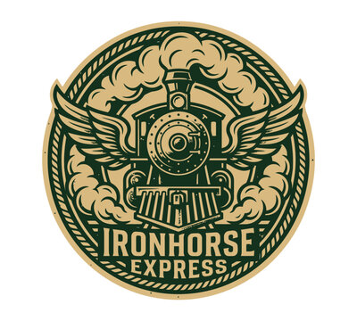Vintage steam train ironhorse express logo