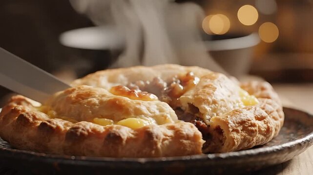 Hot steaming pie being sliced with a knife on a plate.