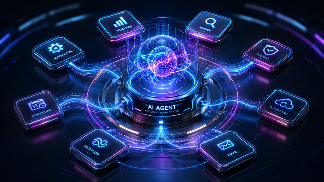 Central AI Agent Control Console with Neon Glowing Nodes and Technology Interface Buttons for Automation Network