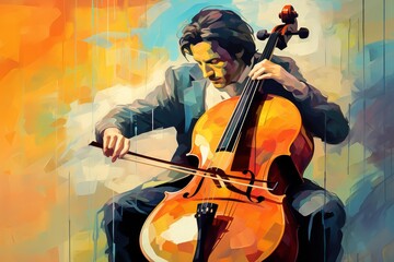 Fototapeta premium Cellist playing a classical string instrument with expressive brushstrokes and vivid colors
