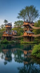 Naklejka premium Photorealistic Whimsical Treehouse Village Spanning a Serene Forest Lake with Rope Bridges Connecting Multiple Unique Dwellings