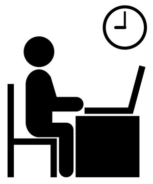 9時にノートパソコンを操作する人物のシルエット（横向き）