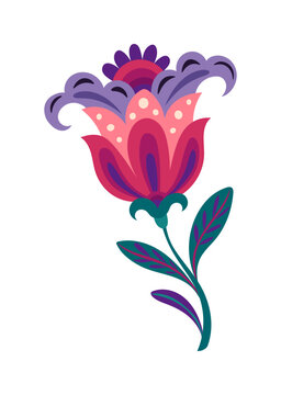 Mexican ethnic traditional abstract flower element with purple and pink bud. Mexican ethnic flower isolated element, Latin American colorful plant vector object. Mexico culture floral decoration