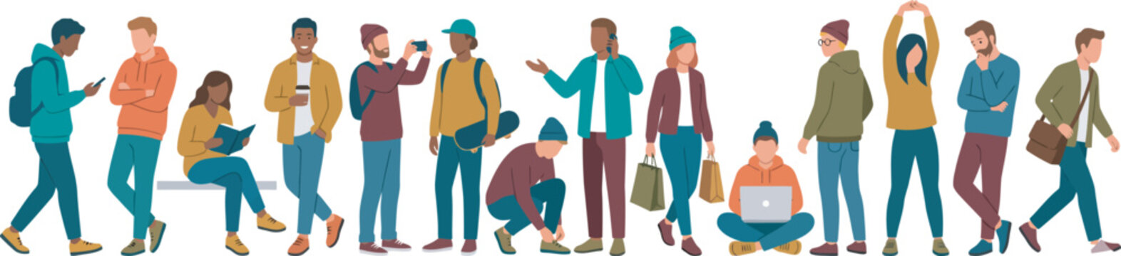 Diverse group of young people and students standing in a line featuring casual street style fashion, multicultural community, and urban crowd characters for banner design