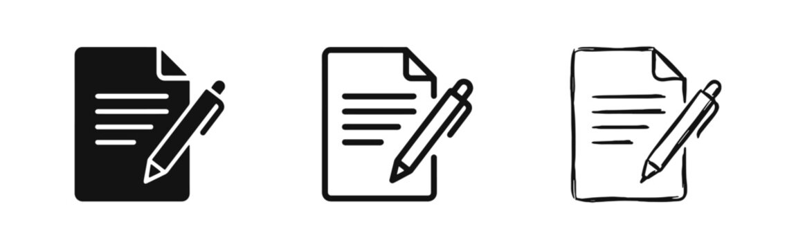Paper document and pen icon set in solid, outline, and sketch styles for writing, contracts, and note taking.
