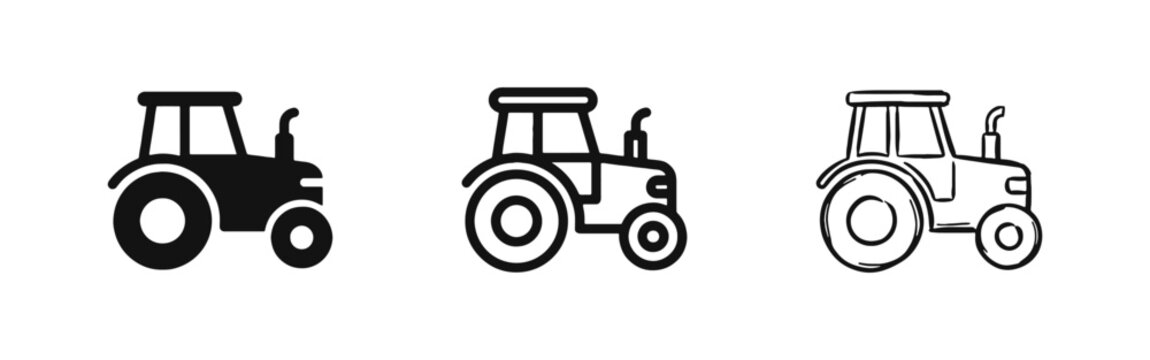 Farm tractor icon set in solid, outline, and sketch styles for agriculture and heavy farming machinery.